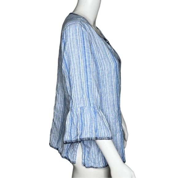 Artisan NY Shirt Womens Large Blue White Stripe Linen Bell Sleeve Boho Peasant - Picture 2 of 7
